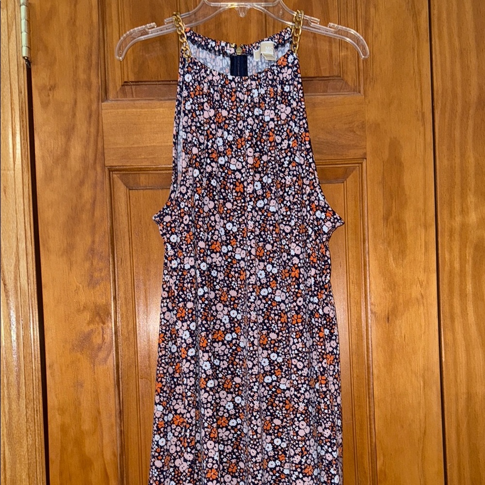 Michael Kors Gold Chain Neck Sleeveless Floral Dress - Blue and Pink